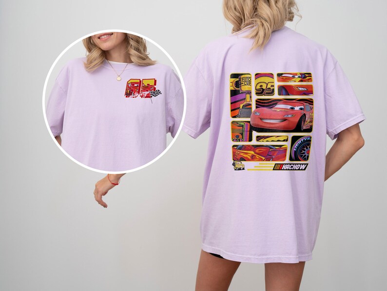 May include: A light purple t-shirt featuring a graphic of a red race car and the number 95. The back of the shirt has a larger design with the race car and other racing-themed graphics. The word "HACHOW" is printed at the bottom.