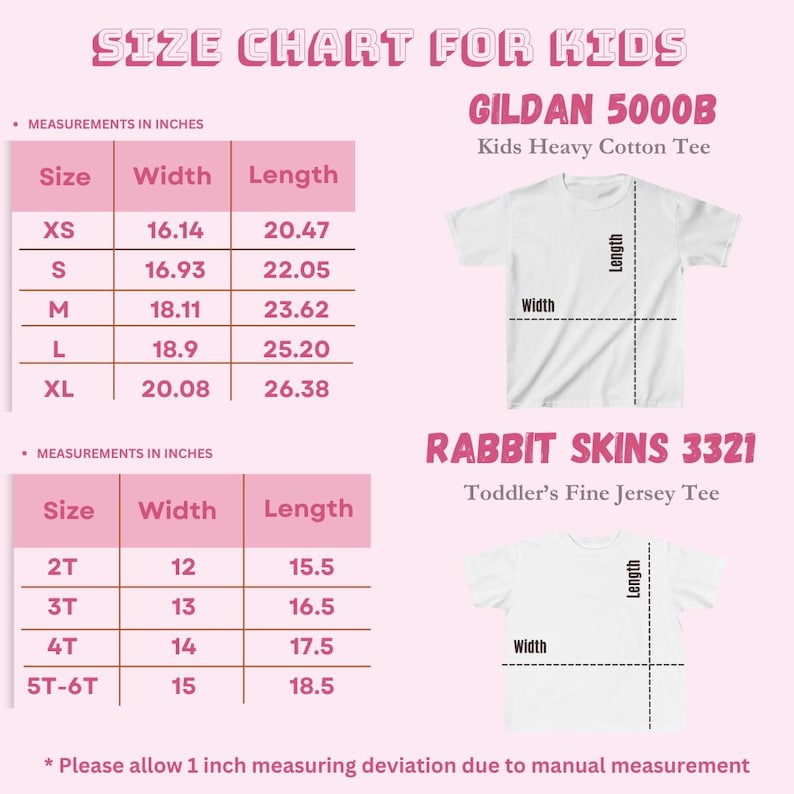 Peut inclure: Un tableau des tailles rose pour les t-shirts enfants, avec des mesures en pouces. Il d&eacute;taille les tailles des t-shirts Gildan 5000B et Rabbit Skins 3321, indiquant la largeur et la longueur pour les tailles XS &agrave; XL et 2T &agrave; 5T-6T.
