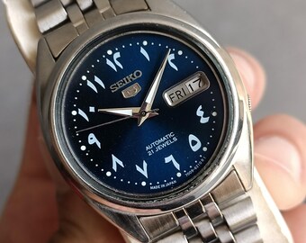 Seiko 5 Automatic Blue Arabic Dial Vintage Japanes Men's Wrist Watch