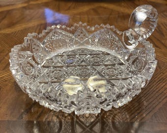 VTG American Brilliant Cut Crystal Glass Hobstar Sawtooth Nappy Bowl w Handle