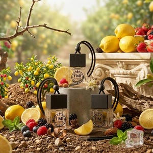 Op de afbeelding: Een buitenscène met drie glazen auto-luchtverfrissers met zwarte doppen, met het label "I'M STORE". De scène bevat citroenen, bessen en een stenen voetstuk. De achtergrond toont citroenbomen en een zonnige sfeer.