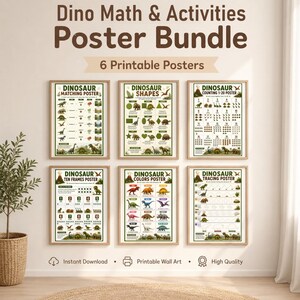 May include: A set of six framed dinosaur-themed educational posters. The posters cover matching, shapes, counting, ten frames, colors, and tracing. The posters are labeled "Dino Math & Activities Poster Bundle" and are suitable for children's learning.
