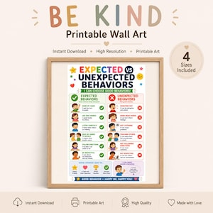 May include: A framed educational wall art print titled Expected vs Unexpected Behaviors. The chart features colorful illustrations and text comparing positive actions like raising hands and listening with negative actions like shouting out and not following directions.