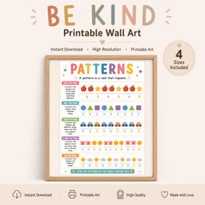 May include: A framed educational wall art print titled PATTERNS with the subtitle A pattern is a rule that repeats. It displays five rows of colorful icons including apples, stars, shapes, cars, flowers, butterflies, clouds, and suns with labels.