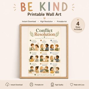 以下が含まれることがあります： Conflict Resolutionと題された額装済みの印刷可能なウォールアートポスター。子供たちが意見の相違を解決するための9つのステップがイラストで描かれています。ポスターにはテキストによる指示と、様々なシナリオで交流する多様なキャラクターが含まれています。