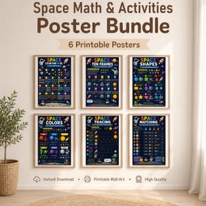 May include: A bundle of six educational posters titled Space Math & Activities, featuring dark blue backgrounds with colorful space-themed illustrations, including astronauts, planets, and rockets, designed for counting, shapes, colors, and tracing.