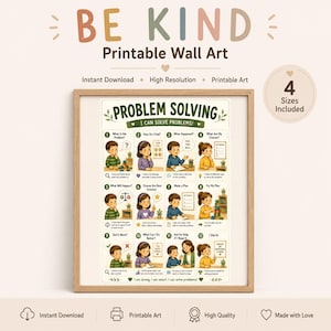 Może przedstawiać: Oprawiony plakat ścienny do druku zatytułowany PROBLEM SOLVING, zawierający dwanaście numerowanych ilustracji przedstawiających dzieci przechodzące przez emocjonalne i logiczne etapy rozwiązywania problemów, z podpisami i końcową afirmacją.