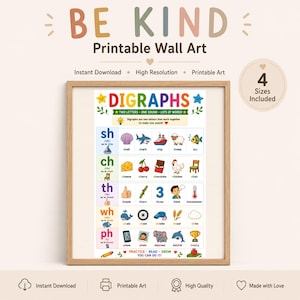 Digraphs Poster for Kids, Preschool Phonics Wall Art, Kindergarten Literacy Printable, Letter Sounds Chart