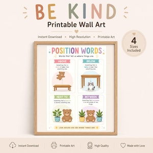 Position Words Poster Printable, Preschool Spatial Concepts Chart, Kindergarten Classroom Decor, Montessori Wall Art