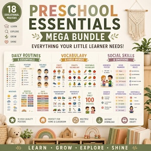 Preschool Essentials Mega Bundle | 18 Educational Posters | Printable Preschool Wall Art | Classroom Decor