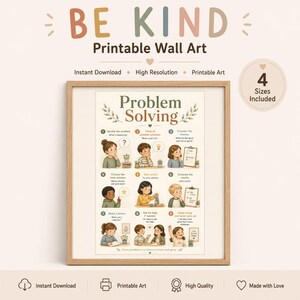 May include: A framed educational wall art print titled Problem Solving, featuring nine illustrated steps with children demonstrating problem-solving techniques. The poster includes text for each step, such as Identify the problem and Think of possible solutions, set against a light background with soft-toned graphics.