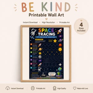 Könnte beinhalten: Ein druckbares Wandbild mit dem Titel SPACE TRACING auf dunkelblauem Hintergrund mit Weltraum-Illustrationen wie einem Astronauten, einer Rakete, Planeten und Sternen. Das Blatt enthält sieben nummerierte Nachspurübungen für Kinder.