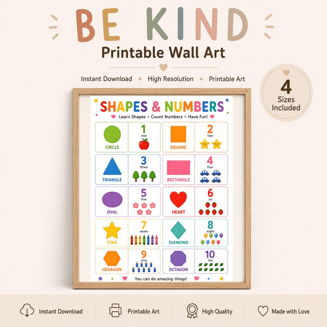 Shape Number Chart Shapes and Numbers Poster for Kids | Printable Preschool Learning Art ...