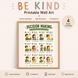 May include: A framed printable wall art poster titled Decision Making featuring twelve numbered steps with illustrations of children and text explaining how to make good choices. The poster includes phrases like I can make good choices every day.