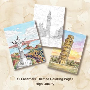 12 pagine da colorare di monumenti, pagine da colorare per adulti e bambini, fantastiche pagine da colorare per feste, colorare per terapia
