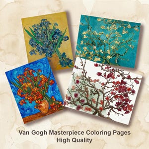 May include: Four square coloring pages featuring Van Gogh paintings. The images include floral arrangements and tree branches, with a variety of colors including blue, orange, and red. The text at the bottom reads "Van Gogh Masterpiece Coloring Pages High Quality."