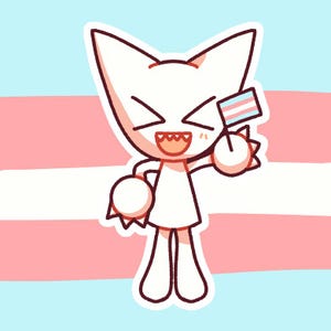 May include: A cartoon illustration of a white cat-like character with a wide grin, holding a transgender pride flag. The background features the transgender flag colors: light blue, pink, and white stripes.