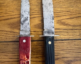 Two vintage USA fixed blade carbon steel knives, Utica + Imperial, solid beaters