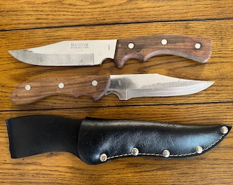Two vintage Japan heat-treated stainless full tang knives, one sheath, see/read