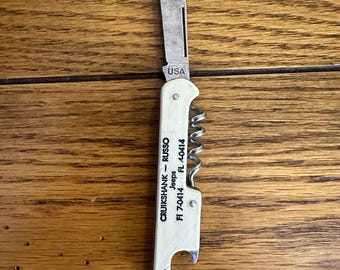 Vintage Jeep dealer bottle opener + corkscrew pocketknife, hardened steel, USA