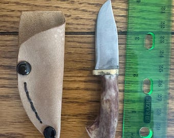 Vintage custom mini fixed blade neck carry knife, stag, custom suede sheath, see/read