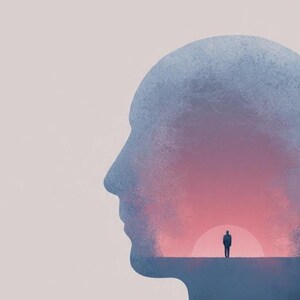 Op de afbeelding: Artistieke illustratie met een menselijk profielsilhouet gevuld met een zonsondergangscène. Een klein figuur staat op een horizonlijn, tegen een verloop van roze en oranje tinten, wat een gevoel van introspectie oproept.