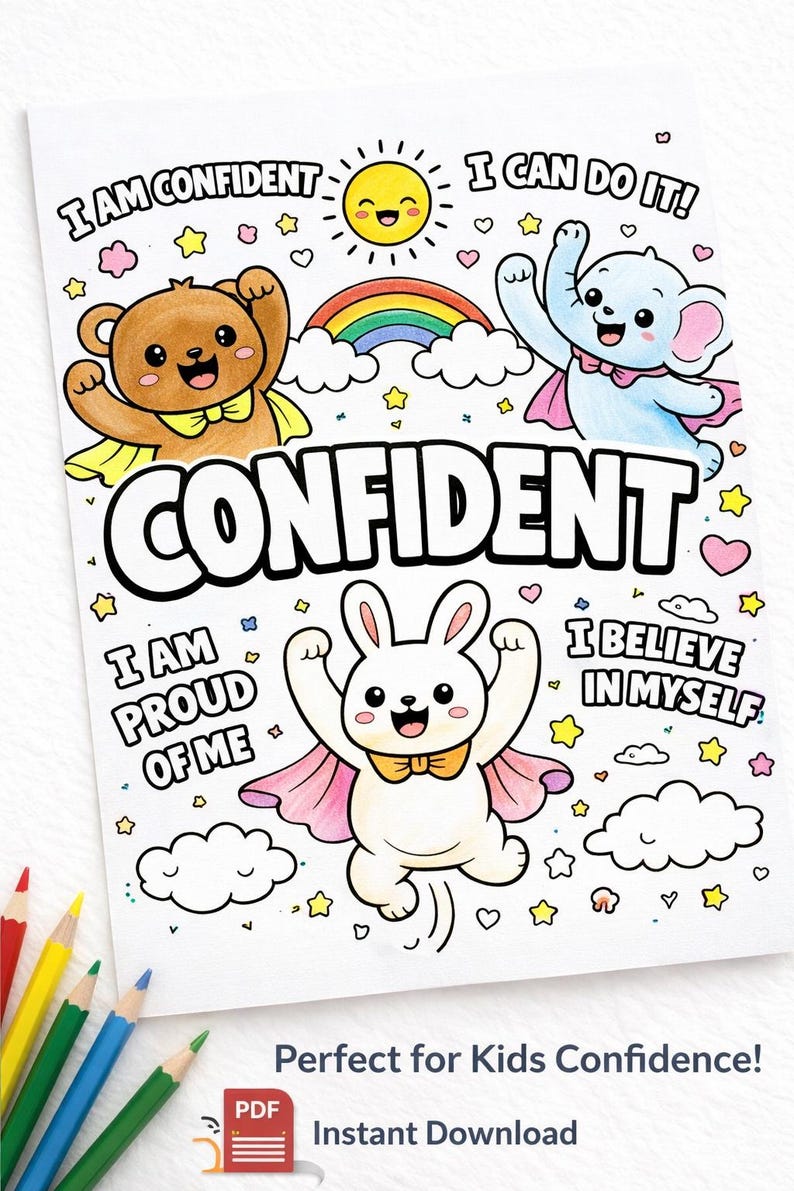 Kids Affirmation Coloring Page CONFIDENT, Printable Coloring Page for ...