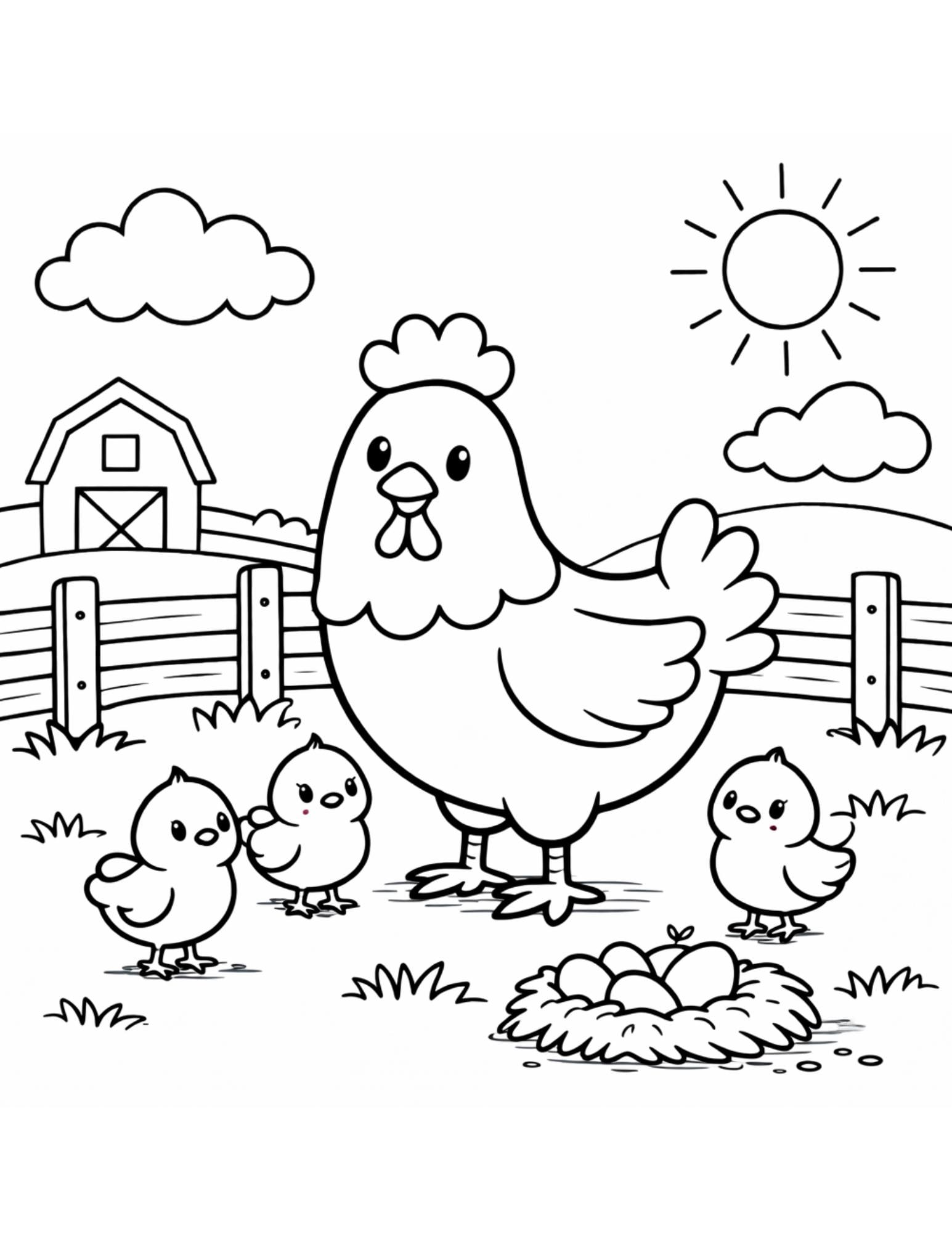 Chicken Coloring Page, Farm Animals Coloring Page for Kids, Cute Hen…