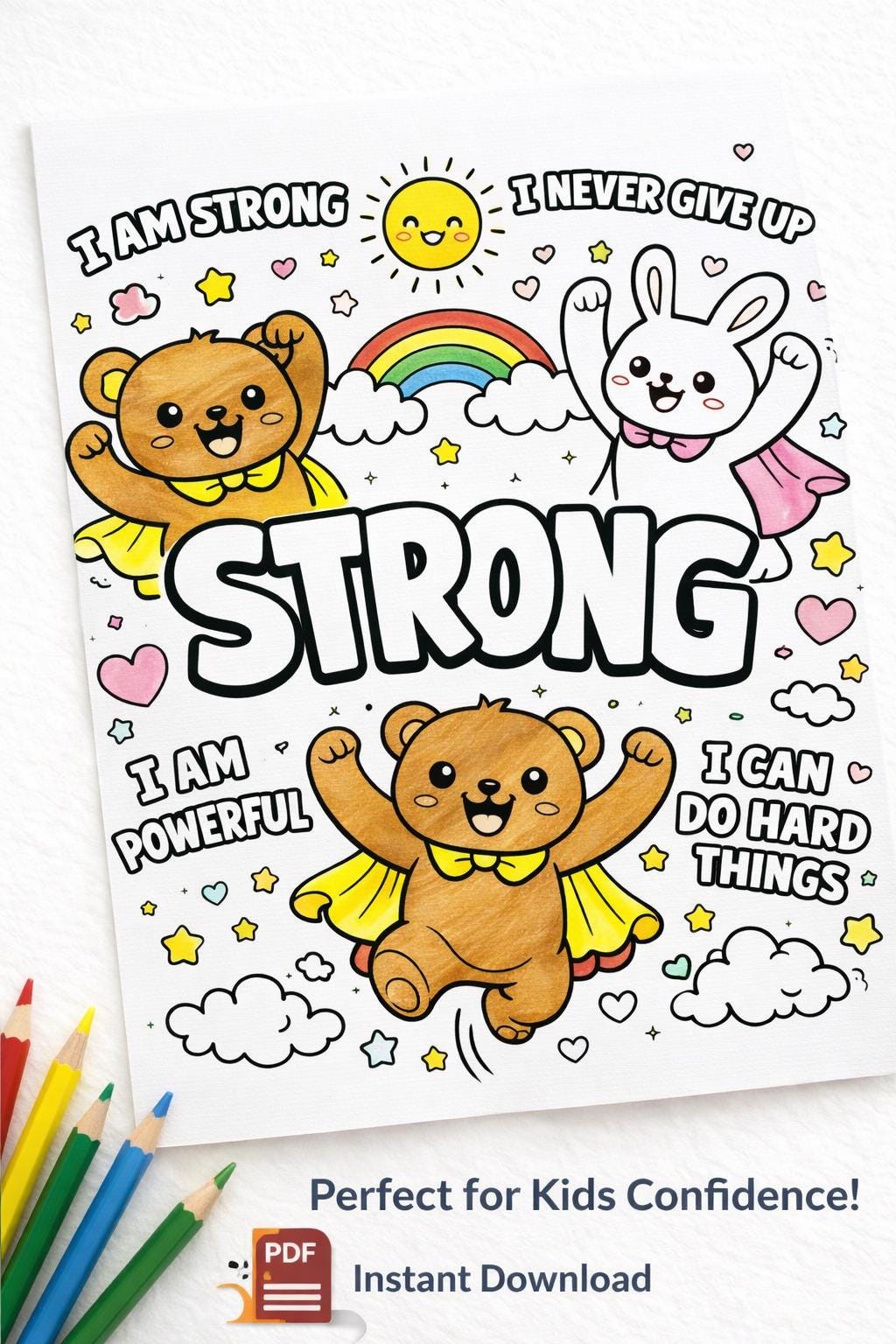 Kids Affirmation Coloring Page STRONG, Printable Coloring Page for Kids ...