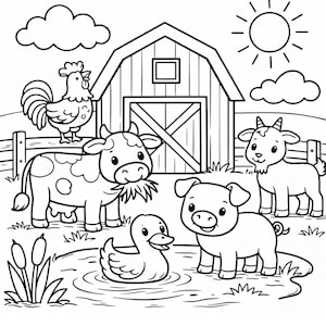 Farm Animals Coloring Page, Cute Barnyard Coloring Page for Kids, Cow Pig Goat Duck Chicken Printable, Toddler Preschool Activity PDF