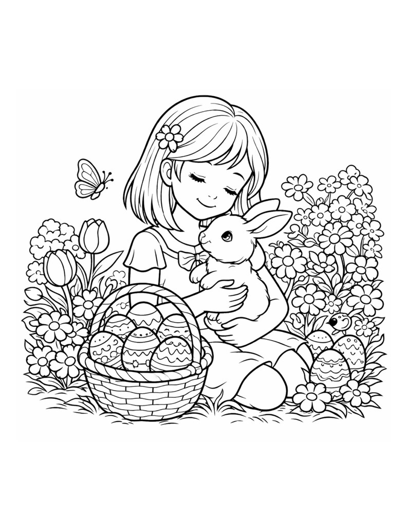 Cute Girl Hugging Bunny Coloring Page, Easter Bunny Coloring Sheet for ...