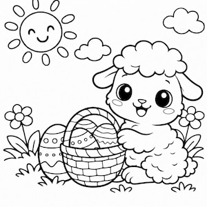 Könnte beinhalten: Schwarz-Weiß-Illustration eines lächelnden Lamms, das einen Korb mit dekorierten Ostereiern hält. Eine lächelnde Sonne und Wolken sind im Hintergrund. Blumen und Gras umgeben das Lamm und die Eier.