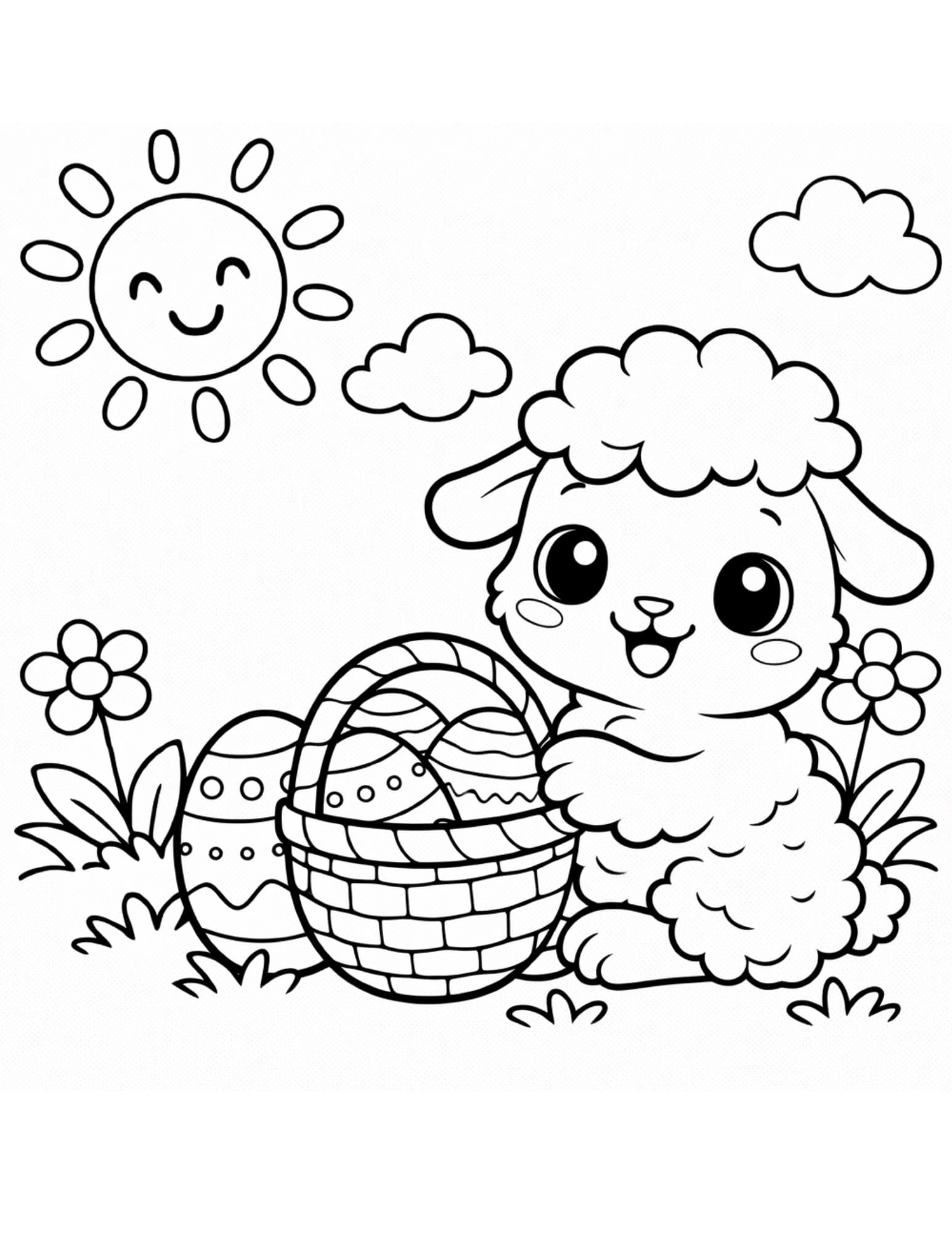 Easter Lamb Coloring Page Printable, Cute Sheep with Eggs, Kids…