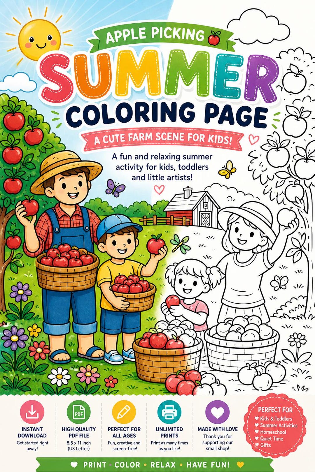 Summer Coloring Page – Apple Picking | Printable PDF for Kids ...