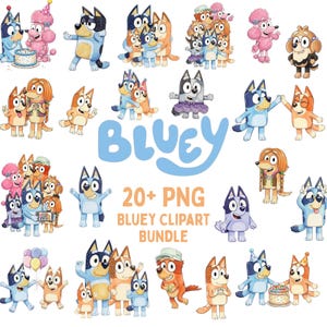 Puede incluir: Una colección de imágenes prediseñadas de Bluey. Las imágenes presentan varios personajes de la serie animada, incluyendo a Bluey, Bingo y sus amigos y familiares. También se ve el texto "BLUEY" y "20+ PNG BLUEY CLIPART BUNDLE".