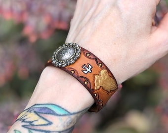 Tooled Leather Cuff with Round Concho and Gold Praying Hands Adjustable S-L
