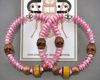 Skull, Tiger's Eye, African Glass/Vinyl, Rose GF Hoop Earrings
