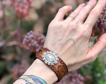 Tooled Leather Cuff with Silver Concho and Gold Feathers S/M/L