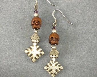 Wood Skull and Silver Ethiopian Cross Earrings