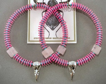 Pink/Turquoise/Silver Hoop Earrings w/ Rose Quartz, African Vinyl, and Sterling Silver