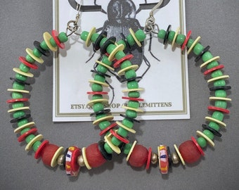 Green/Red African Glass/Vinyl, Sterling Silver Hoop Earrings