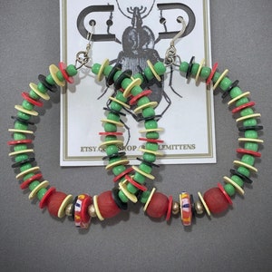 Green/Red African Glass/Vinyl, Sterling Silver Hoop Earrings