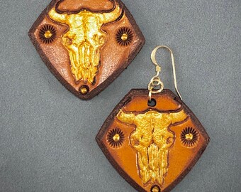 Tooled Leather Skull Gold Fill Earrings