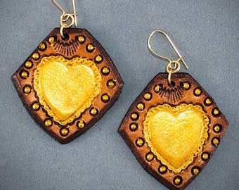 Tooled Leather Heart Gold Fill Earrings