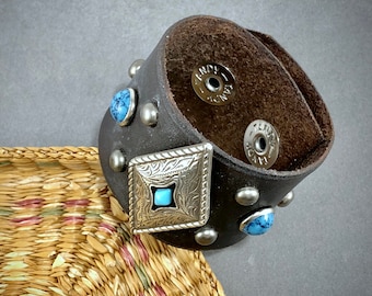 Southwestern Leather Cuff with Silver and Turquoise Concho and Studs M/L
