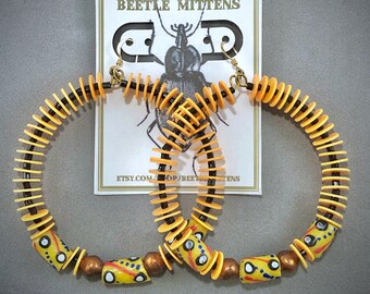 Yellow Black African Glass/Vinyl/Copper Gold Fill Hoop Earrings
