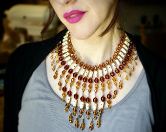 Amber Czech Glass, Carved Bone and Sterling Silver Collar Necklace
