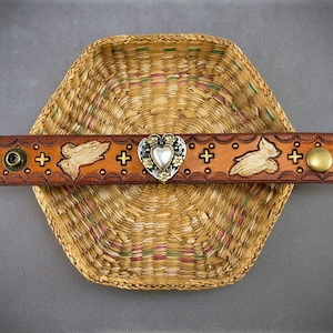 Tooled Leather Cuff with Heart Concho and Silver Praying Hands S/M/L