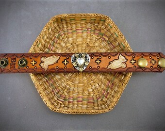 Tooled Leather Cuff with Heart Concho and Silver Praying Hands S/M/L