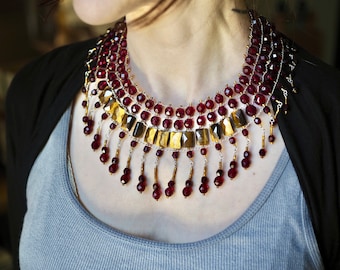Tiger's Eye/Red Czech Glass/Sterling Silver Collar Necklace
